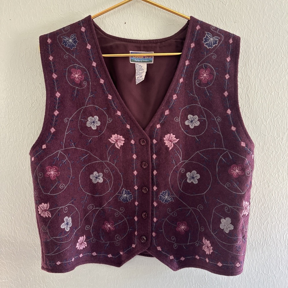 Vintage Boho Embroidered Vest Floral Folk Artsy Dark Academia Purple Women's L